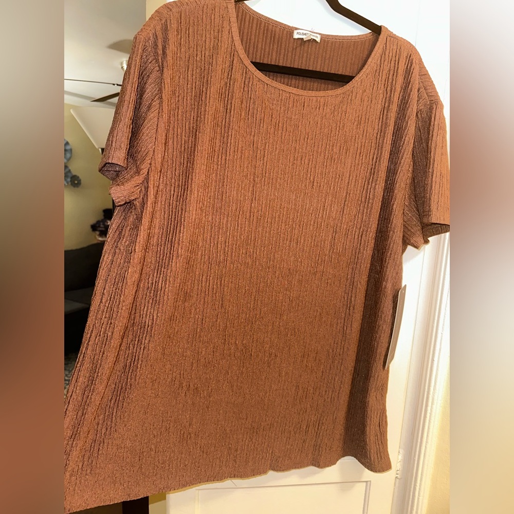 New Plus Size Brown Short-Sleeve Textured Tee 3X